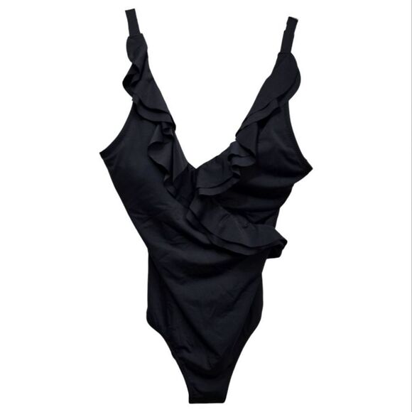 NWOT Ruffled V-Neck Solid Black One-Piece Swimsuit Women's Small 1pc Swimwear - Picture 1 of 7